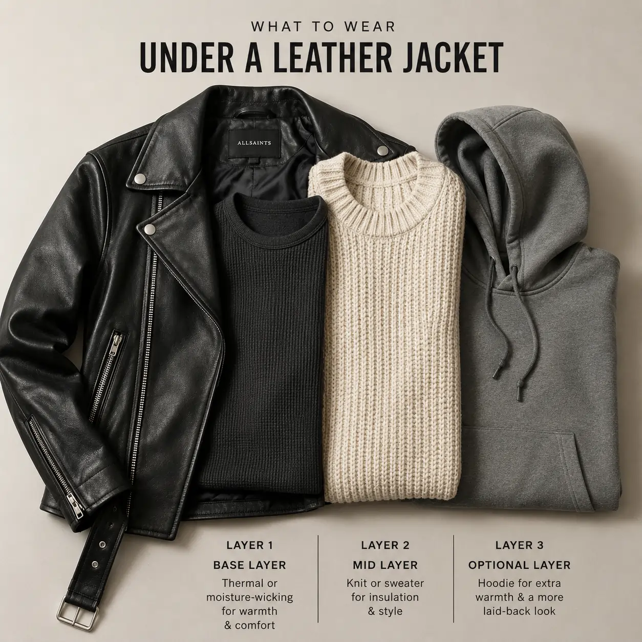 Flat lay of a thermal base layer, hoodie, and knit sweater next to a leather jacket